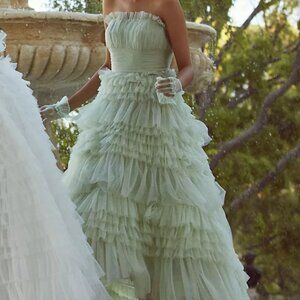 Mac Duggal Tiered Strapless Tulle A-Line High-Low Gown